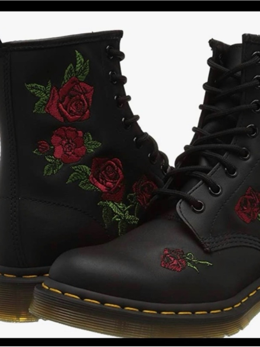 Never worn Dr. Martens Black Leather Lace-Up Boots with Red Rose Embroidery